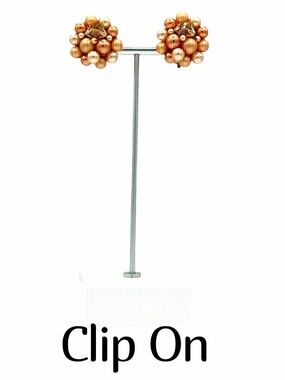 Vintage 50s-60s Hong Kong Orange Bead Cluster Gold Plated Clip On Earrings